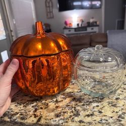 Pair Of Glass Pumpkin Canisters 