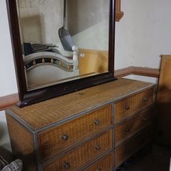 Dresser with Mirror with six drawers wicker look 