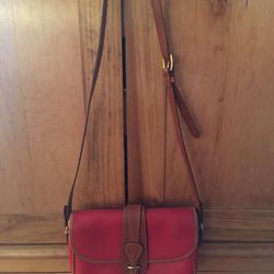 Dooney & Bourke Vintage Red Pebble Leather Purse, Camel Trim