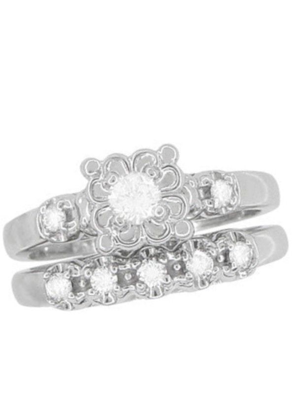 1950's Retro Moderne Lucky Clover Diamond Engagement Ring and Wedding Ring Set in 14K White Gold