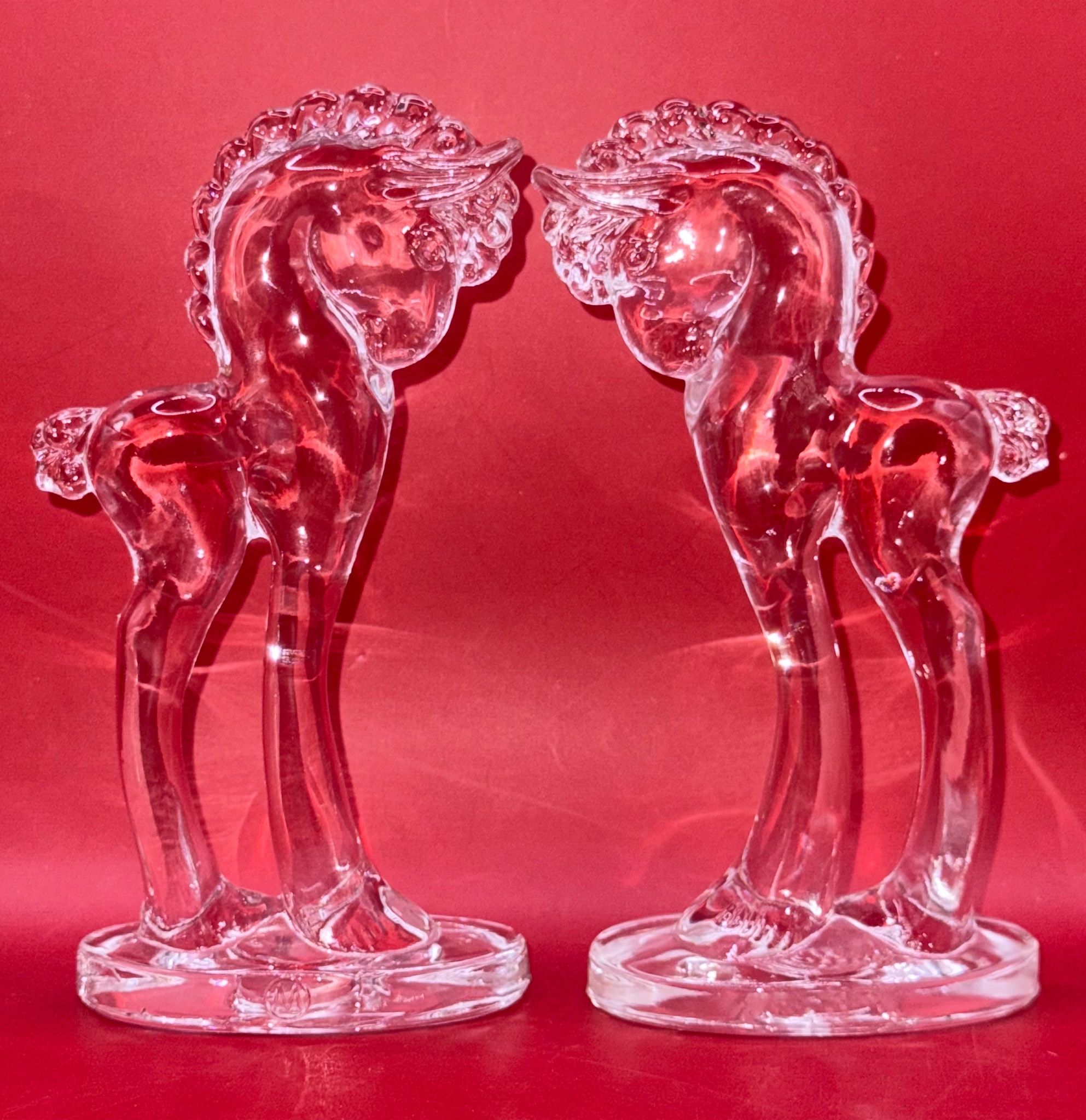 2 clear 5.5" art glass figurines of a horse, specifically a Trojan Horse Standing Pony Figure.