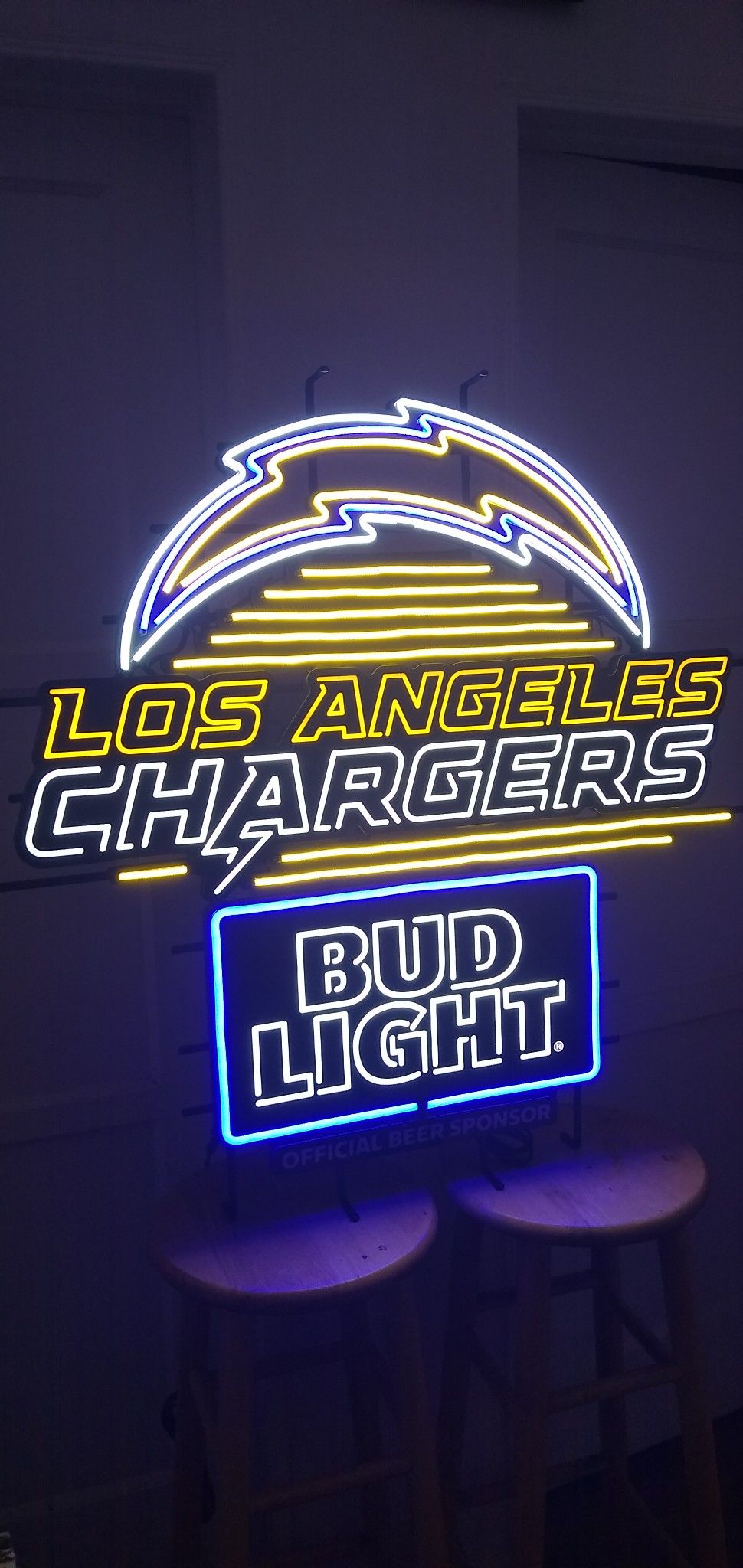 BUD LIGHT LA CHARGERS LED SIGN . ( ALSO PLENTY OF NEON SIGNS / LIGHTS AVAILABLE FOR SALE )DODGERS & ANGELS BOBBLEHEADS AVAILABLE.