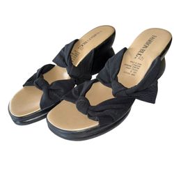Fashion Bug Wedge Heel Slip On Sandal Black Size 9  3” Wedge Heel Stretch Straps  Had light wear, size 9 Wedge heel is 3” The straps have some stretch