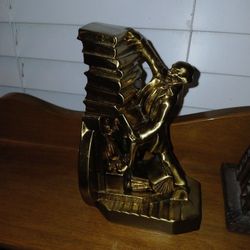 PM Cratsman Solid Brass Bookend Library Struggle 1970s