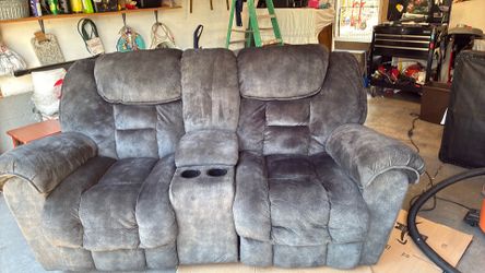 Reclining loveseat, smoke gray fair condition. No tears must sell ASAP.
