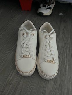 White Low-Top Sneakers with Gold Chain Detail