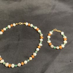 Small children’s size, necklace, and bracelet, pearl and aquamarine and agate stone with gold clasp and ornament