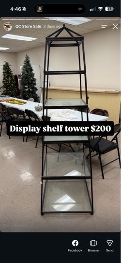 Black Metal Tower Display Shelf with Glass Shelves
