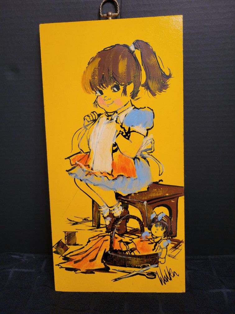 Vintage Oil Painting On Wood Girl Sewing Bright Yellow Signed By Artist