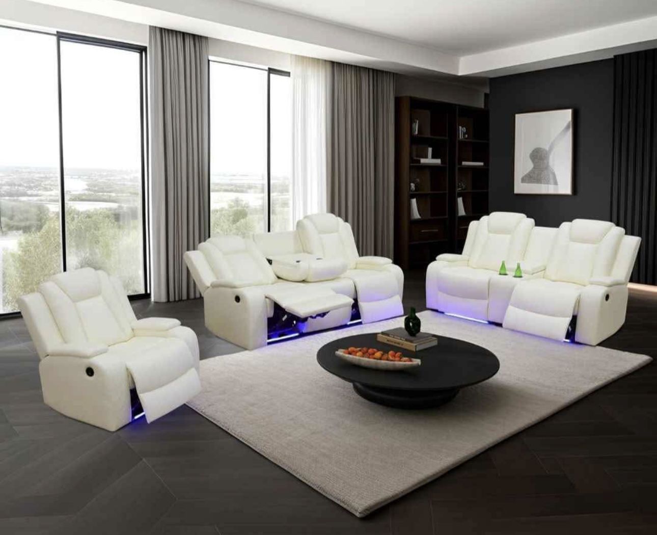 Power Electric White Leather Fully Reclining Couch Set