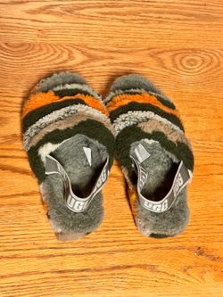 Uggs , fluffy sandals, green, tan, orange, khaki