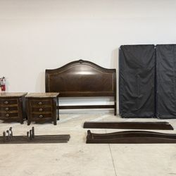 King Bedroom Set w/ Headboard, 2 Marble Top Nightstands & Box Springs