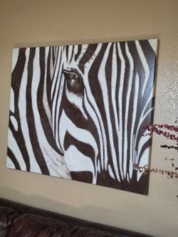 Large Framed Canvas Zebra Painting.  4'x5'.