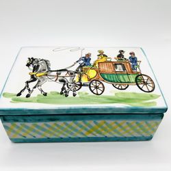 Vintage MCM Italian Pottery Hand Painted Trinket Box with Lid HORSE & STAGECOACH theme  Numbered 