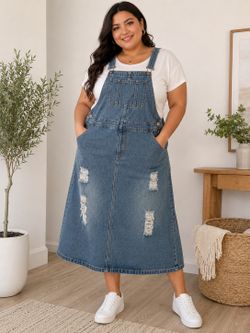 Women’s Distressed Denim Overall Midi Dress Adjustable Straps Plus Size 2XL