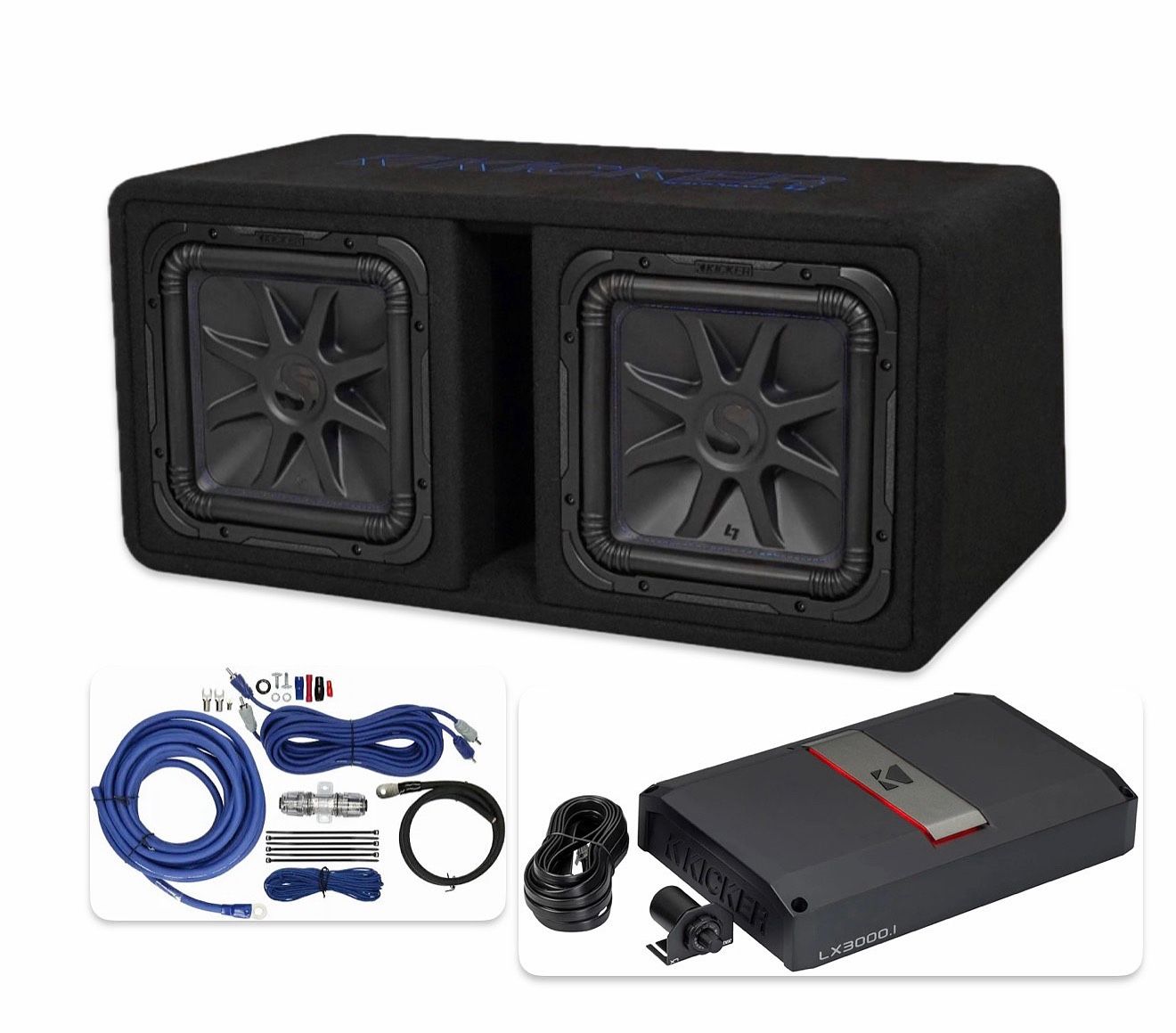 NEW KICKER L7s 12” SUBWOOFERS PORTED BOX KICKER LX AMP BASS KNOB INSTALLED