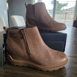 Sorel Evie II Zip Bootie Wedge Heel Tan Gum Leather Ankle Boots Women's 6.5 New