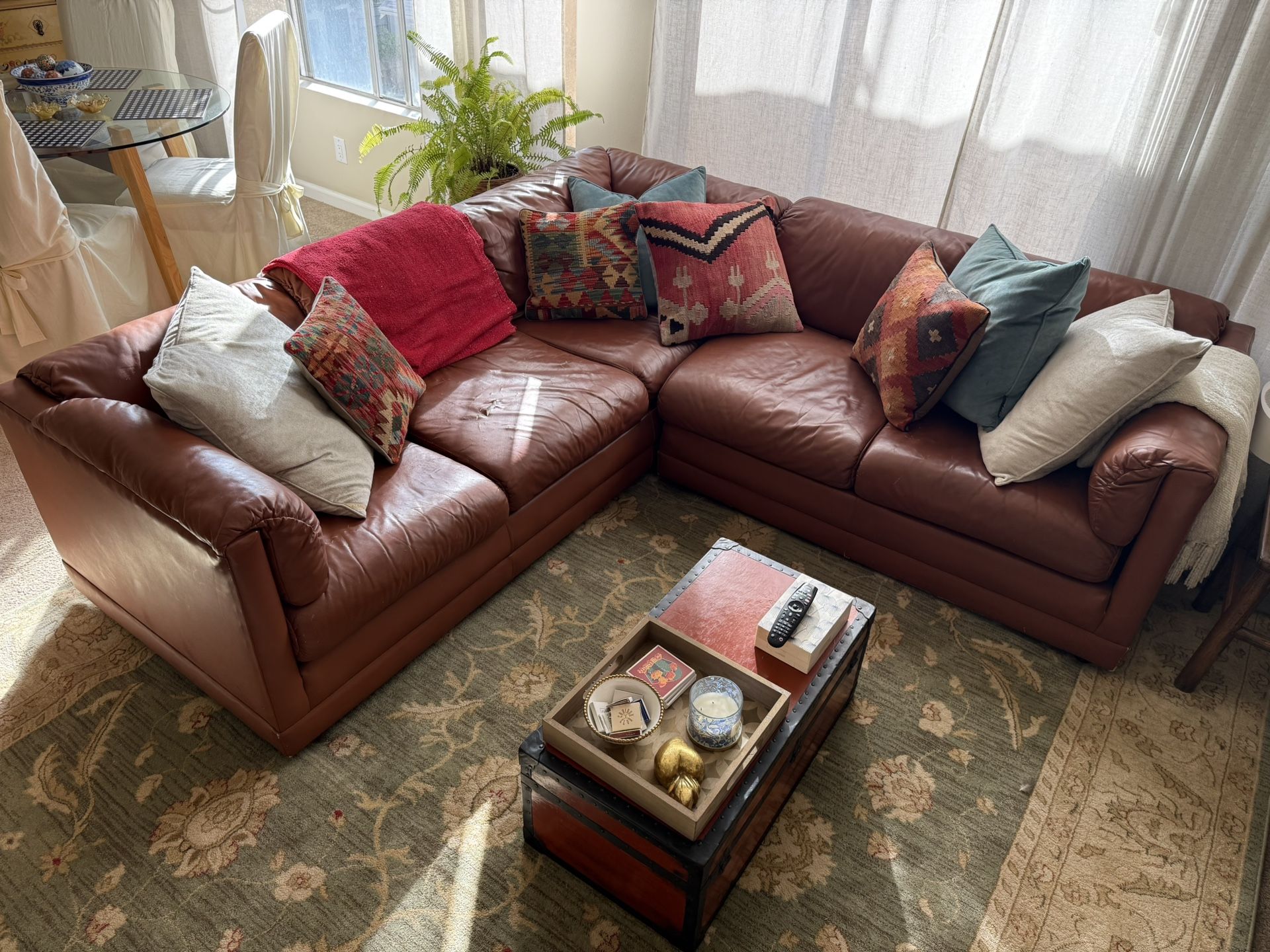 Vintage Brown Leather Sectional Sofa Couch L Shape Retro Antique Custom Mid Century Modern Art Deco