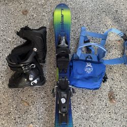 Kids Skis (70), Boots (15.5), Bindings & Ski Backpack Harness