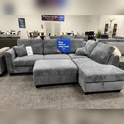 gray corduroy sectional sofa with ottoman