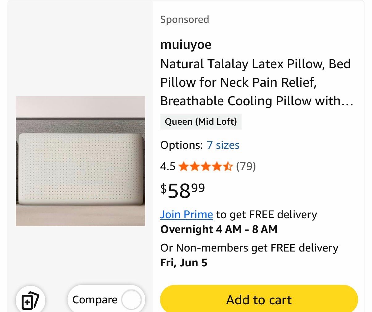 Muiuyoe Natural Talalay Latex Pillow, Bed Pillow For Neck Pain Relief, Breathable Cooling Pillow With 100% Cotton Cover, Oeko-TEX Certified Support Fo