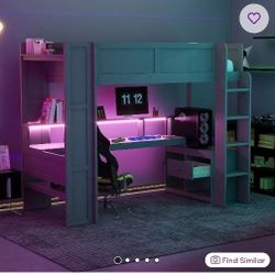 New in box Wood Gaming Loft Bed with Desk, Multi-storage Shelves LED and Charging Station, Dark Gray