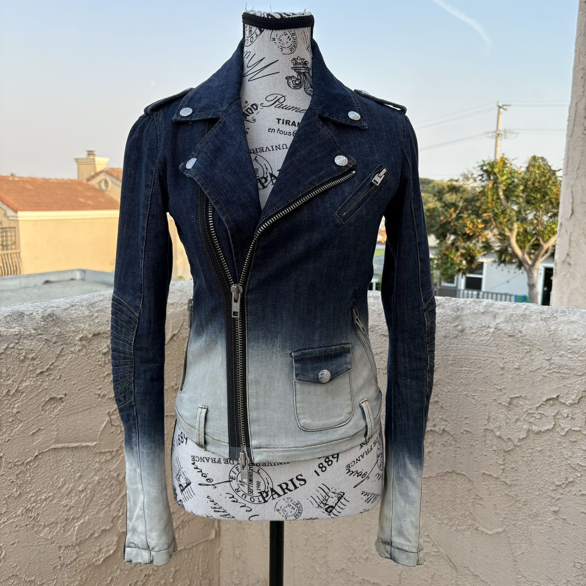 Alexander McQueen blue white denim ombré biker moto jacket size S small