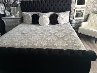 Black Velvet Tufted Sleigh Bed Frame