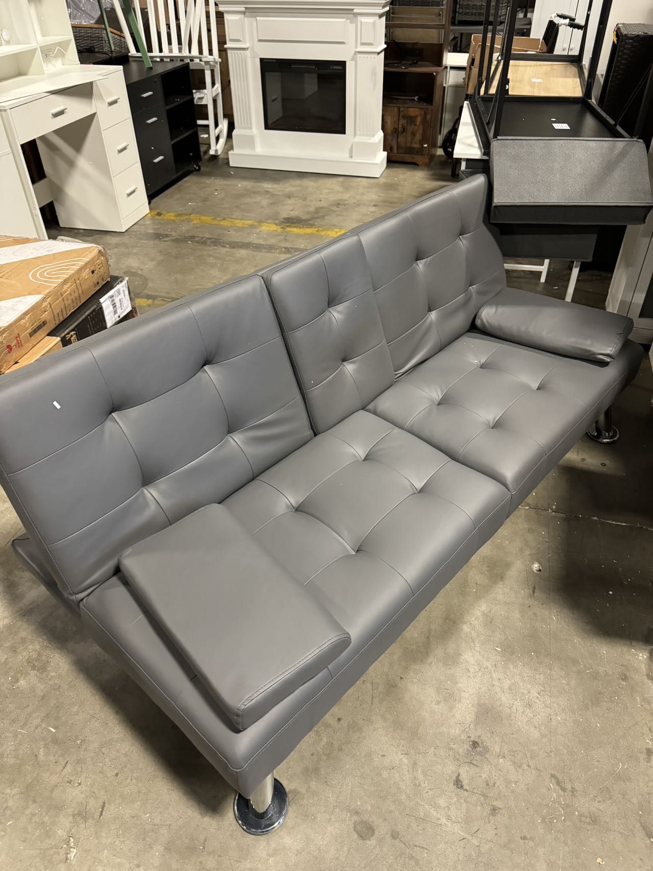 Futon Sofa Bed Modern Folding Futon Set PU Leather Convertible Recliner Lounge for Living Room with 2 Cup Holders, Removable Armrests (PU Leather, Gre