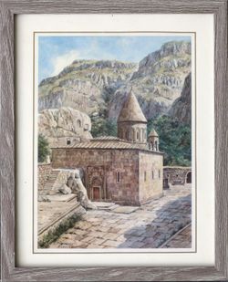 Armenian Geghard Monastery framed print of watercolor painting by Grigor Avagyan