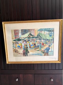 Framed Watercolor Market scene - signed “Pinta J” or similar