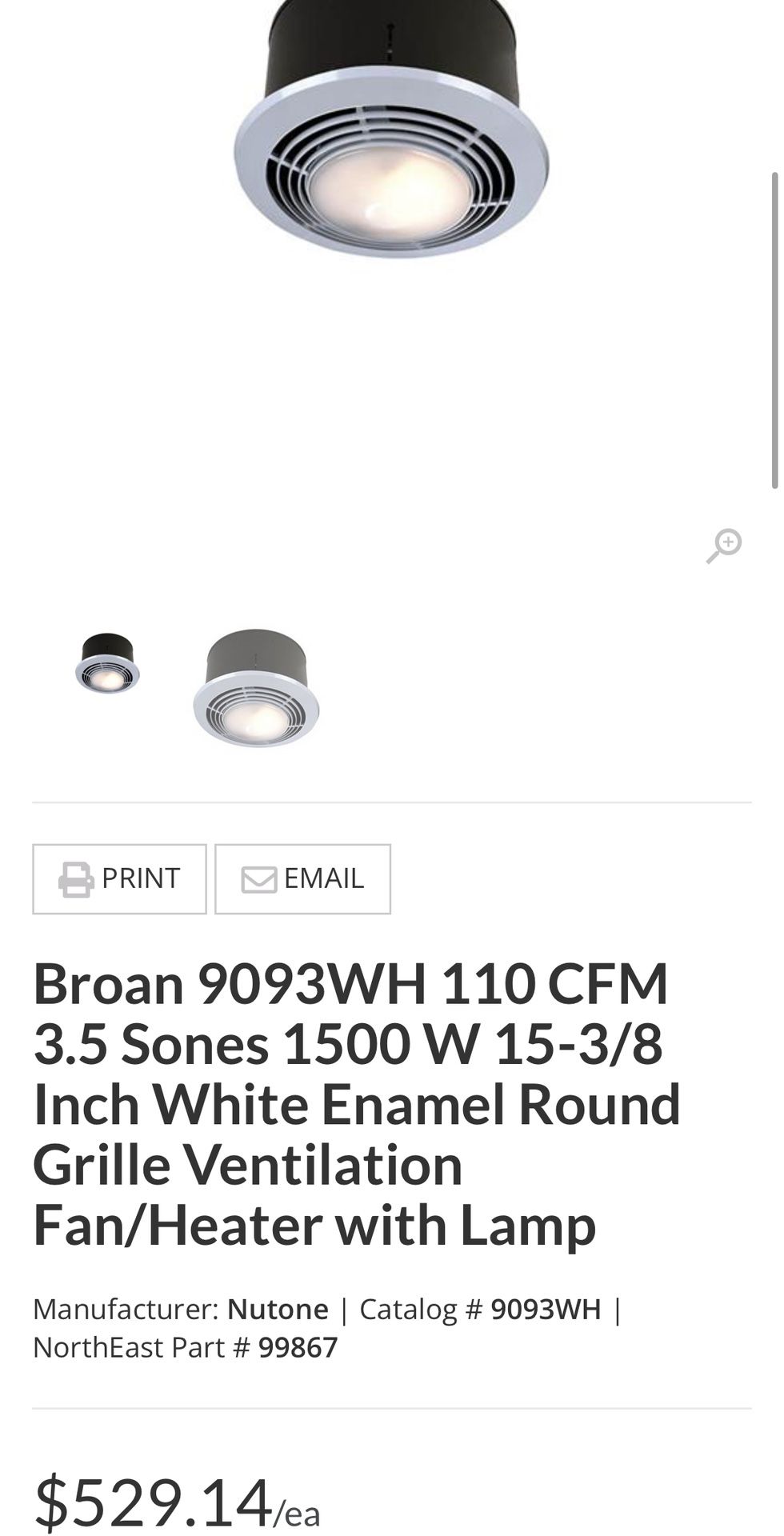 Broan 9093WH 110 CFM 3.5 Sones 1500 W 15-3/8 Inch White Enamel Round Grille Ventilation Fan/Heater with Lamp