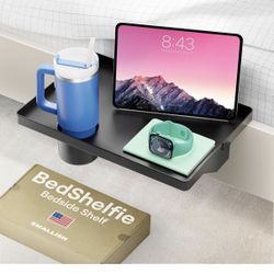 BedShelfie Bedside Shelf for Bunk Bed & Top Bunk, College Dorm Room Essentials, Clip On Nightstand, Bed Side Table Tray Organizer - Cup Holder, Black