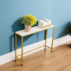 Console Table for Entryway, Faux Marble MDF Sofa Table with Golden Frame (Single Layer, White Marble) ALREADY ASSEMBLED