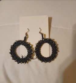 Handmade Dark Gray Beaded Hoop Earrings