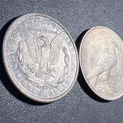Vintage Silver 90% Morgan & Peace Dollar Coins (2) Coins 