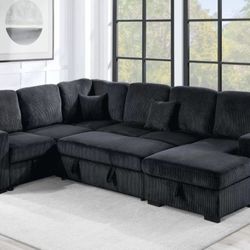 ✅️✅️4 pc Black corduroy fabric sectional sofa with storage chaise and love seat and pop up sleep area in center USB charging✅️✅️