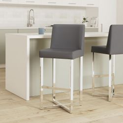 Pair Of Gray Faux Leather Bar Height Bar Stool Chairs With Chrome Base
