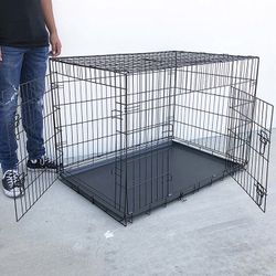 (NEW) $60 Folding 42” Dog Cage 2-Door Pet Crate Kennel w/ Tray 42”x27”x30” 