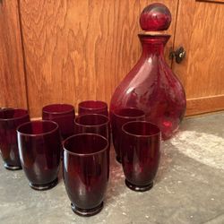 Ruby Red Decorative Bottle W/ Eight 5” Glasses
