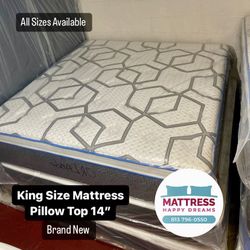 King Size Mattress Pillow Top 14” Inches Thick Excellent Comfort Also Available: Twin, Full And Queen New From Factory Delivery Available