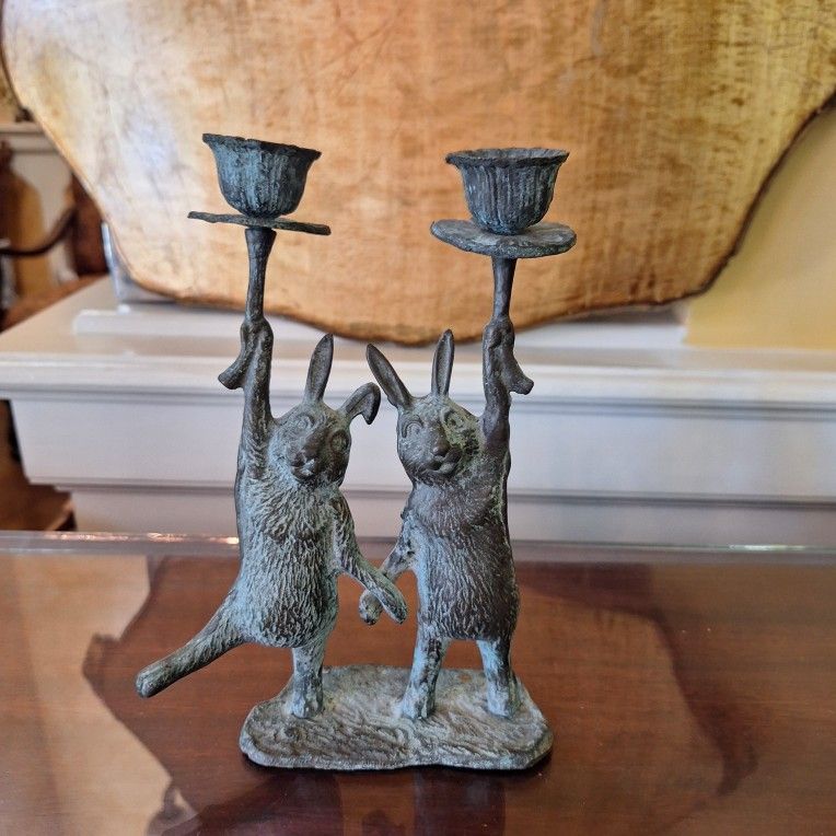 Vintage Bronze with Verdigris Rabbit Candlestick Holders ~ Andrea by Sadek