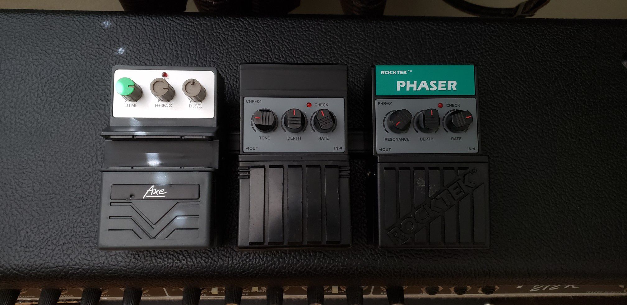 Vintage 80s effects pedals, delay, chorus, phaser