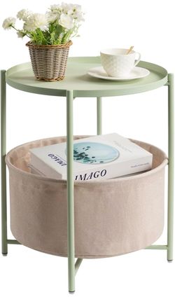 Round Side Table with Fabric Storage Basket, Small Coffee Table Metal End Stand with Removable