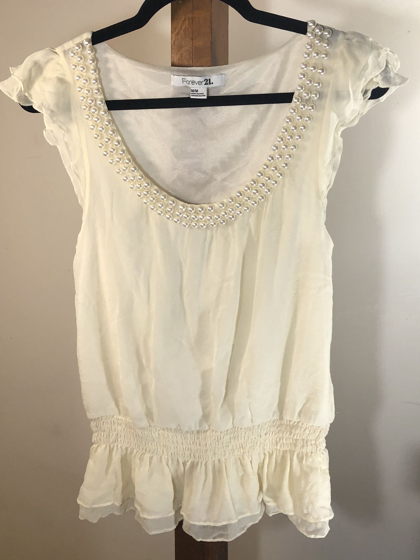 Forever 21 Pearl Embellished Cinched Waist Blouse