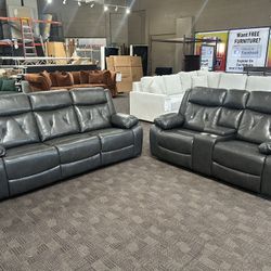 Gray Leather Reclining Sofa Set 