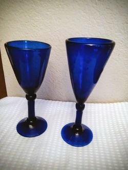 Two Hand Blown Bristol Blue Long Stem Glasses