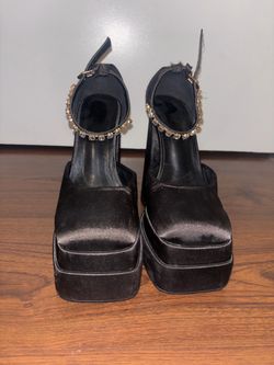 Black Satin Platform Heels with Rhinestone Ankle Strap