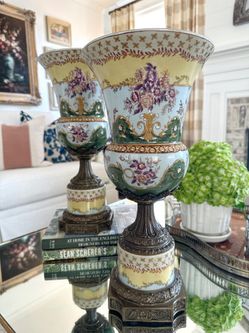 Porcelain Pedestal Vase Pair Vintage Mantel Urn Pair Bronze Detail Crackle Finish 250$ Each Sold As a set