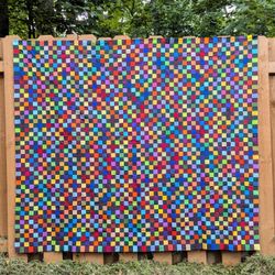 Quilt Top UNFINISHED Colorful Checkered Portage Stamp Squares Patchwork 75 X 65